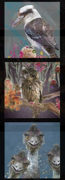 KARIN ROBERTS COLLECTION Kookaburra, Owl, Emu 3 Block Panel - NEW ARRIVAL