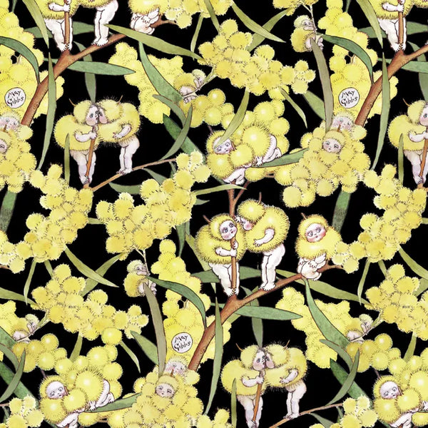 MAY GIBBS COLLECTION Backing Fabric Blossom Babies Black Wideback (Extra Wide) - PRE ORDER (March 25)