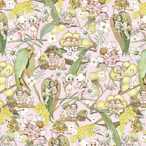 MAY GIBBS COLLECTION Backing Fabric Gossiping Gumnuts Pink Wideback (Extra Wide) - PRE ORDER (March 25)