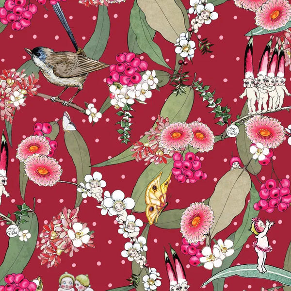 MAY GIBBS COLLECTION Backing Fabric Native Berries Red Wideback (Extra Wide) - PRE ORDER (March 25)