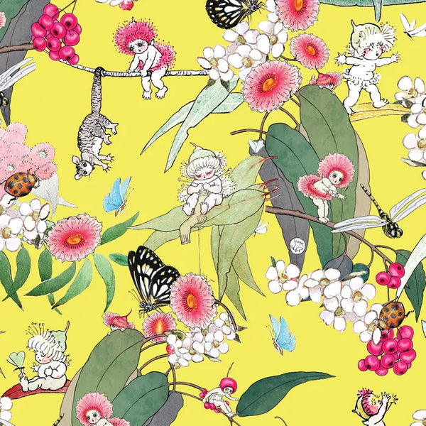 MAY GIBBS COLLECTION Backing Fabric Native Berries Yellow Wideback (Extra Wide) - PRE ORDER (March 25)